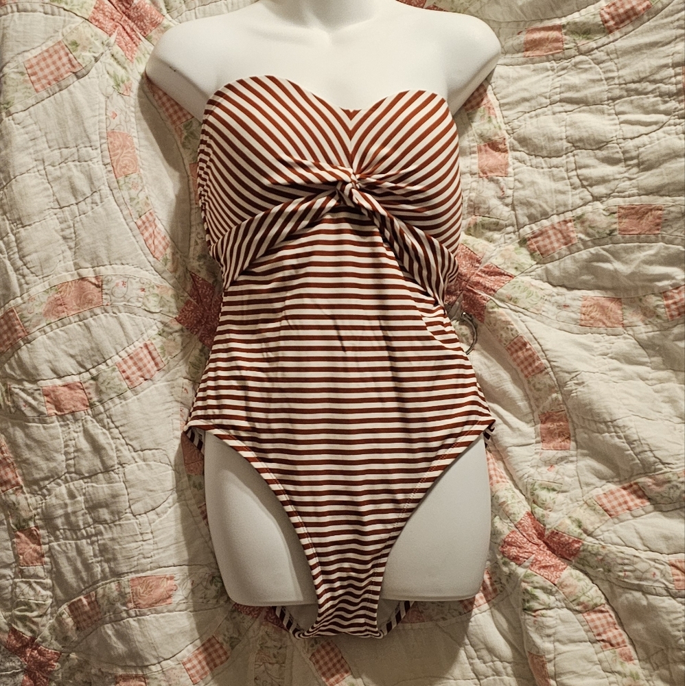Striped Brown and White One-Piece Swimsuit